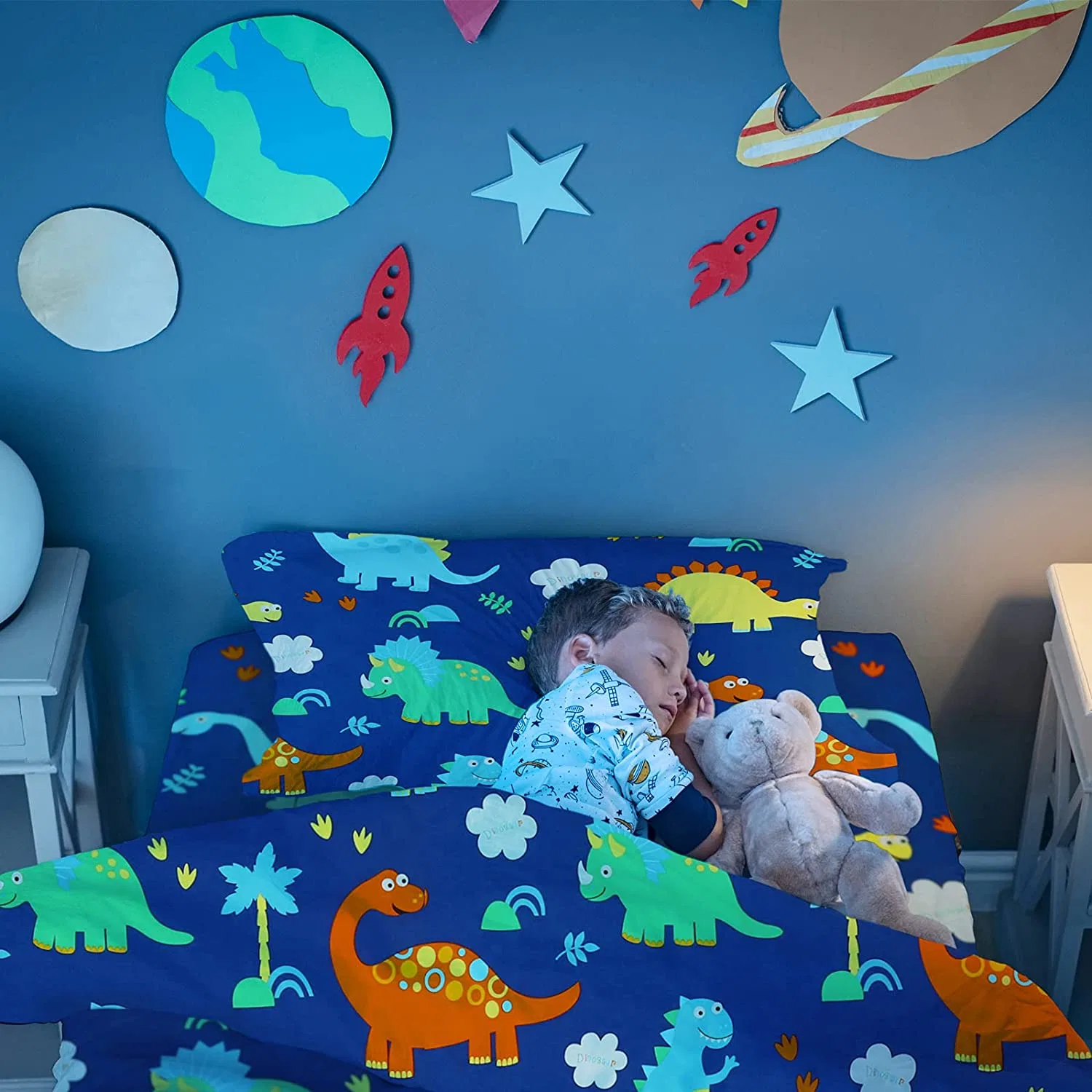 Azul marino y verde bebé dinosaurio moderno niños o niñas, ropa de cama de bebé conjunto