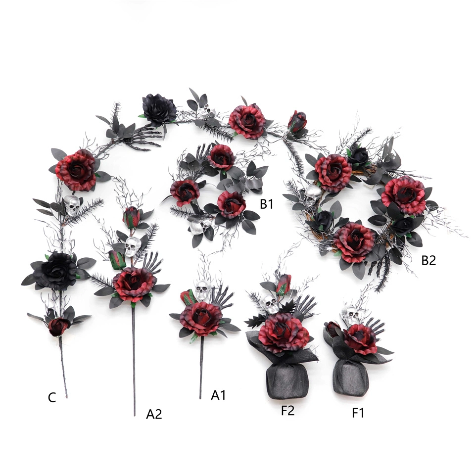 Scary Hand Grasping Skull Head Flower Branch Dark Rose Flower Branch Halloween Decoration Flower Branch