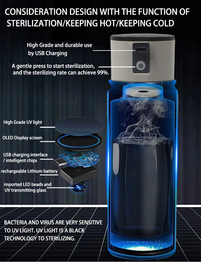 Frasco de agua potable el vacío de acero inoxidable con aislamiento de la botella de agua de esterilización UV