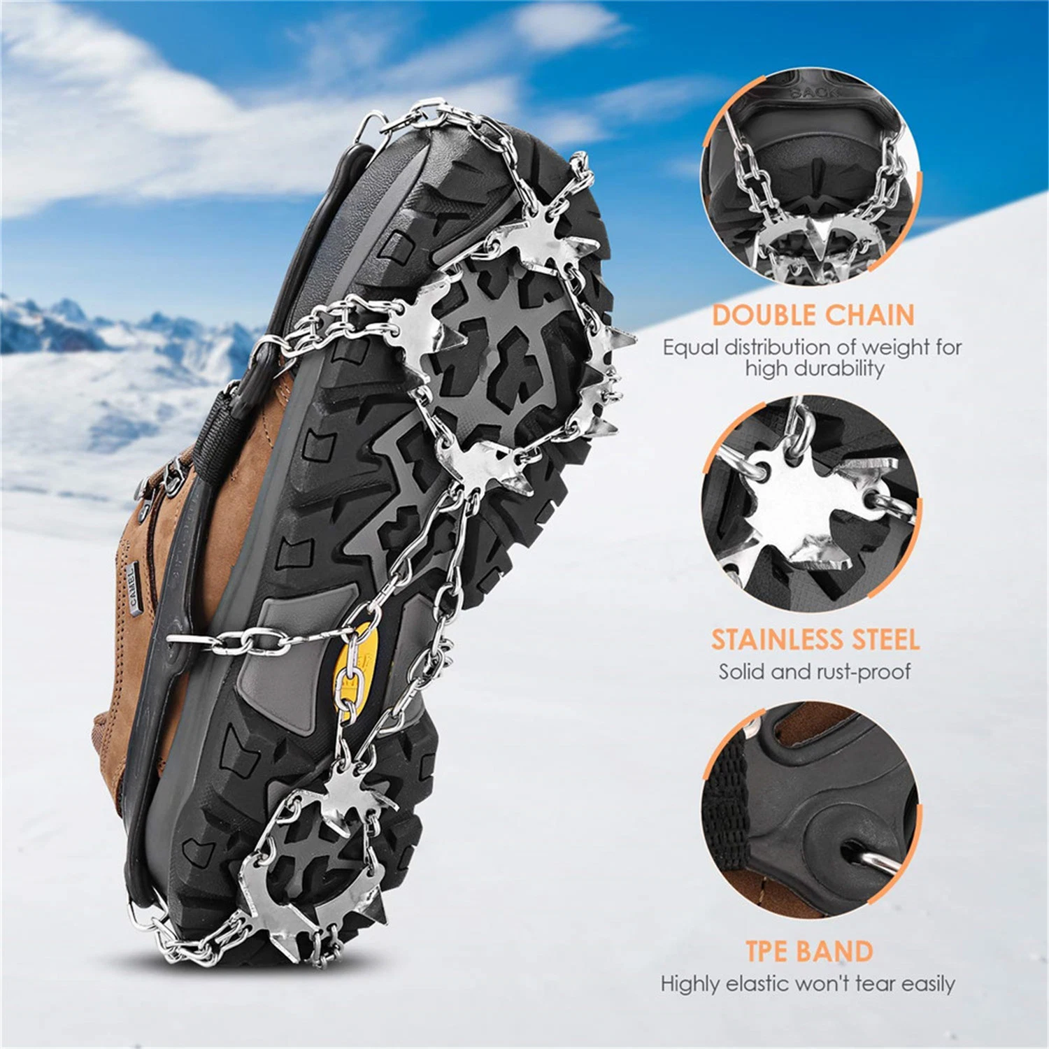Ce Approved 18 Studs Stainless Steel Anti-Slip Snow Ice Grips for Climbing