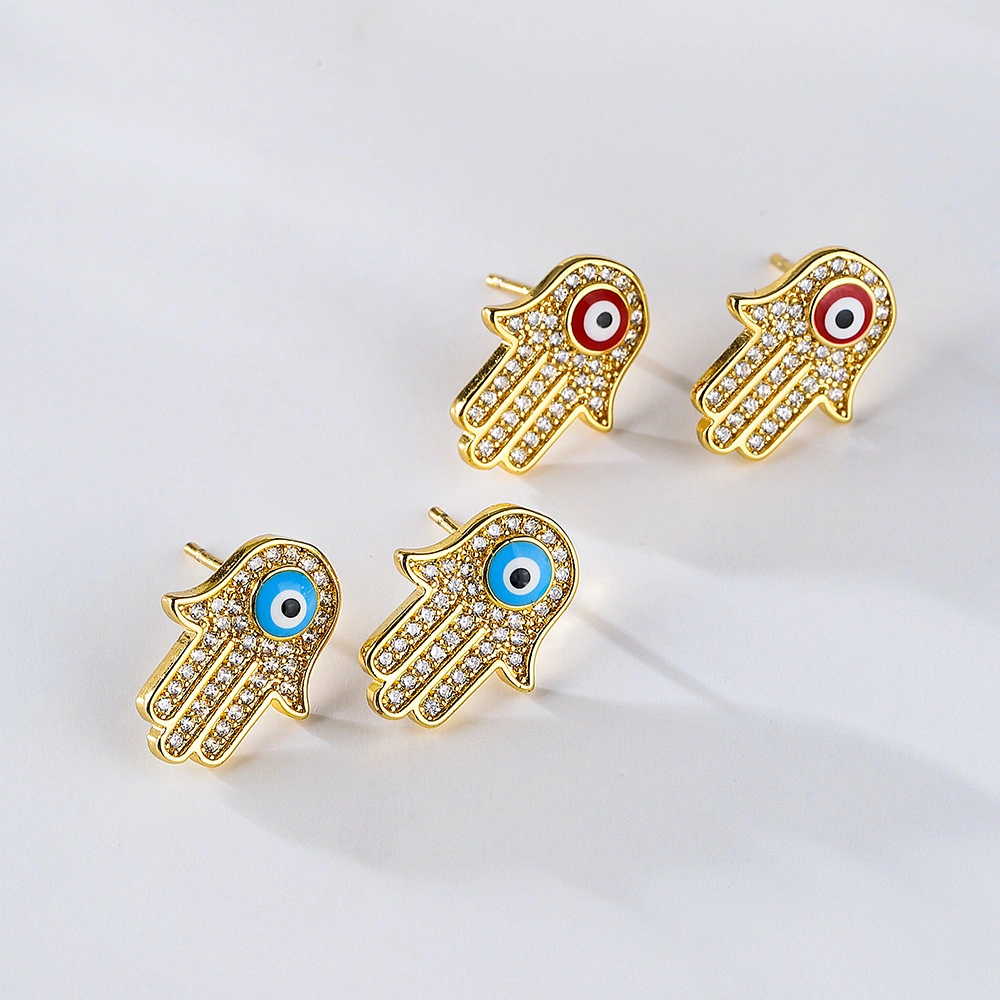 European and American Fashion Copper Plated 18K Gold Micro-Inset Zircon Fatima Hand Eye Ear Stud Female Jewellery