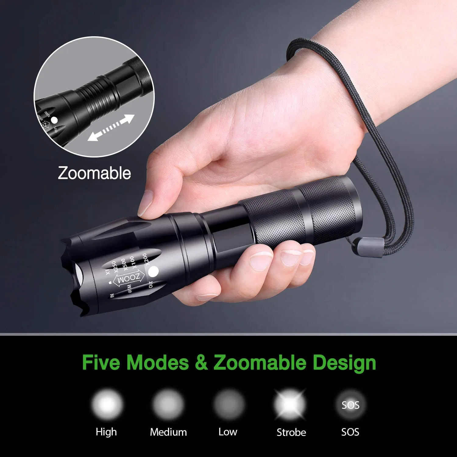 LED Torch Rechargeable, 6000K Bright Torch with 2 Rechargeable Batteries and USB Charger, 5 Mode IP65 Waterproof Zoomable Flashlight for Fishing Camp