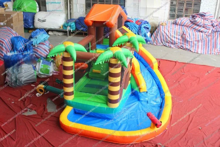 Monkey Themed tobogán acuático con piscina en la Selva Casa Salto Gorila inflables inflables de PVC del Lago Mono de rebote combinado de diapositivas de la casa