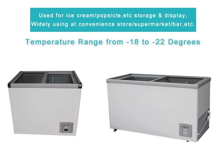Flat Glass Door Frozen Food and Ice Cream Display Chest Cooler Freezer