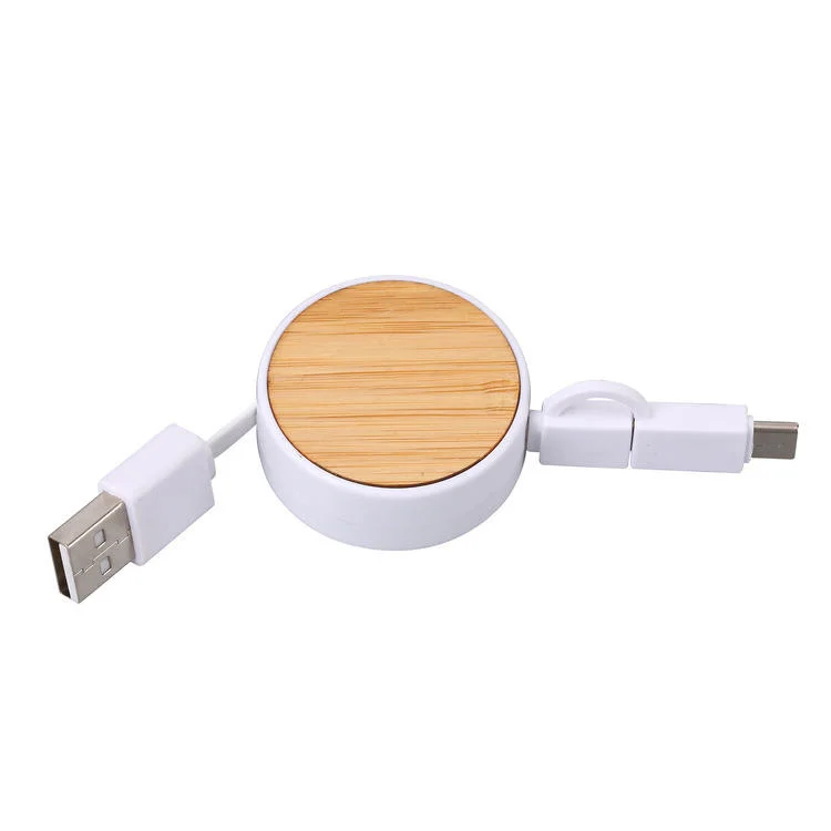 Portable USB Cable with Circular Bamboo Wood Panel Double Pull Retractable Line 3 in 1 Retractable Fast Charging Type C Cable