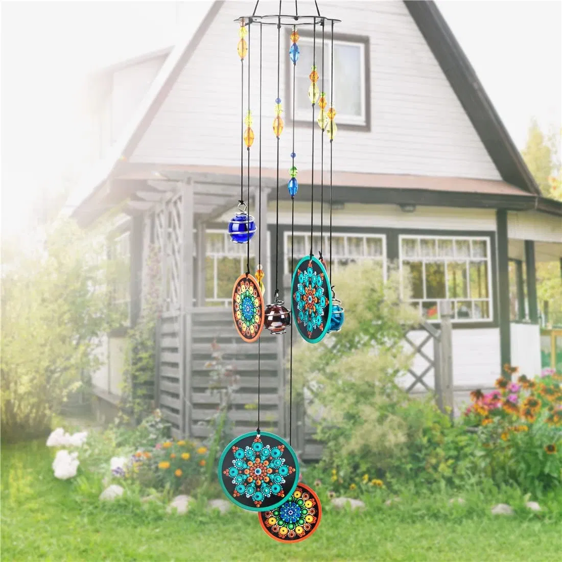 Flower Wind Chimes Outdoors with Colorful Glass Beads Deep Tone Memorial Sympathy Window Garden Home Decoration Hanging Windchimes for Outside