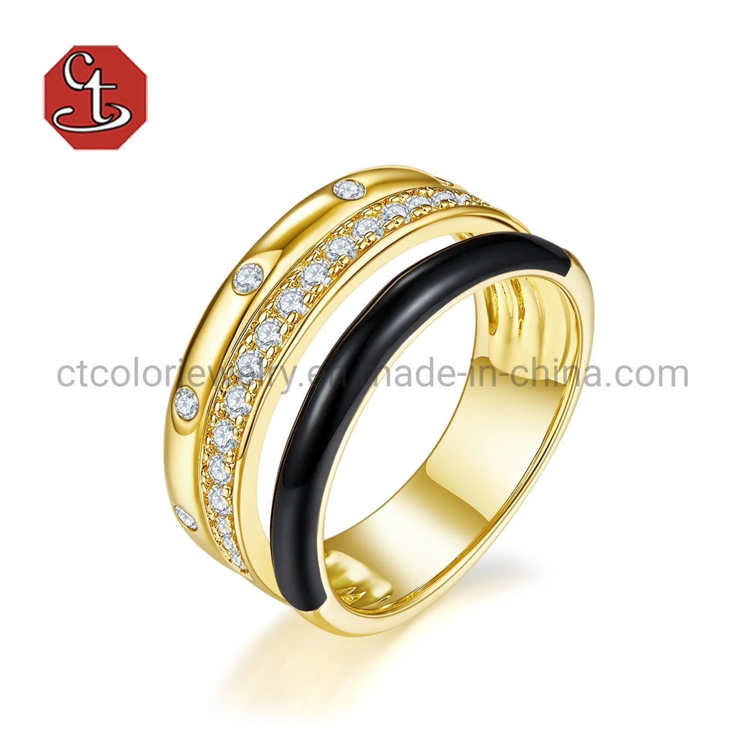 cz Black Enamel Silver or Brass Ring Gold Color Custom Enamel Jewelry