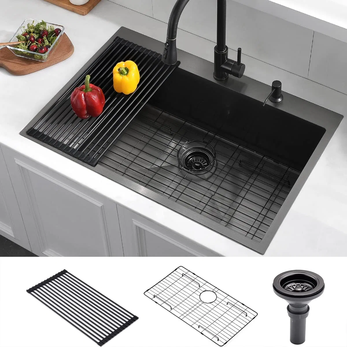 Metal Single Bowl Home Household Kitchenware Stainless Steel Black Nano PVD Kitchen Sink