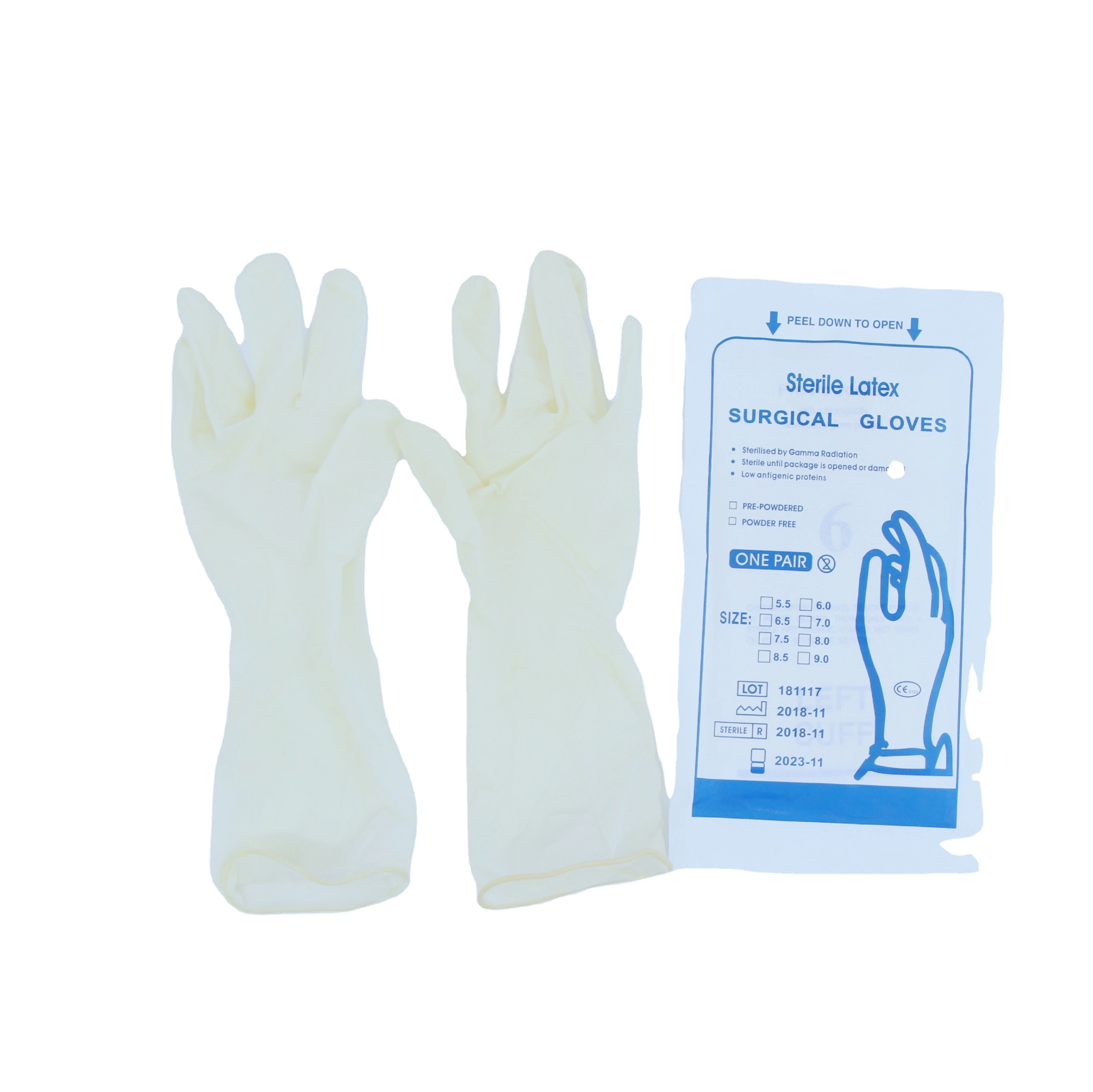 Fabricación Medica estéril látex Guantes quirúrgicos Malasia 100% látex natural