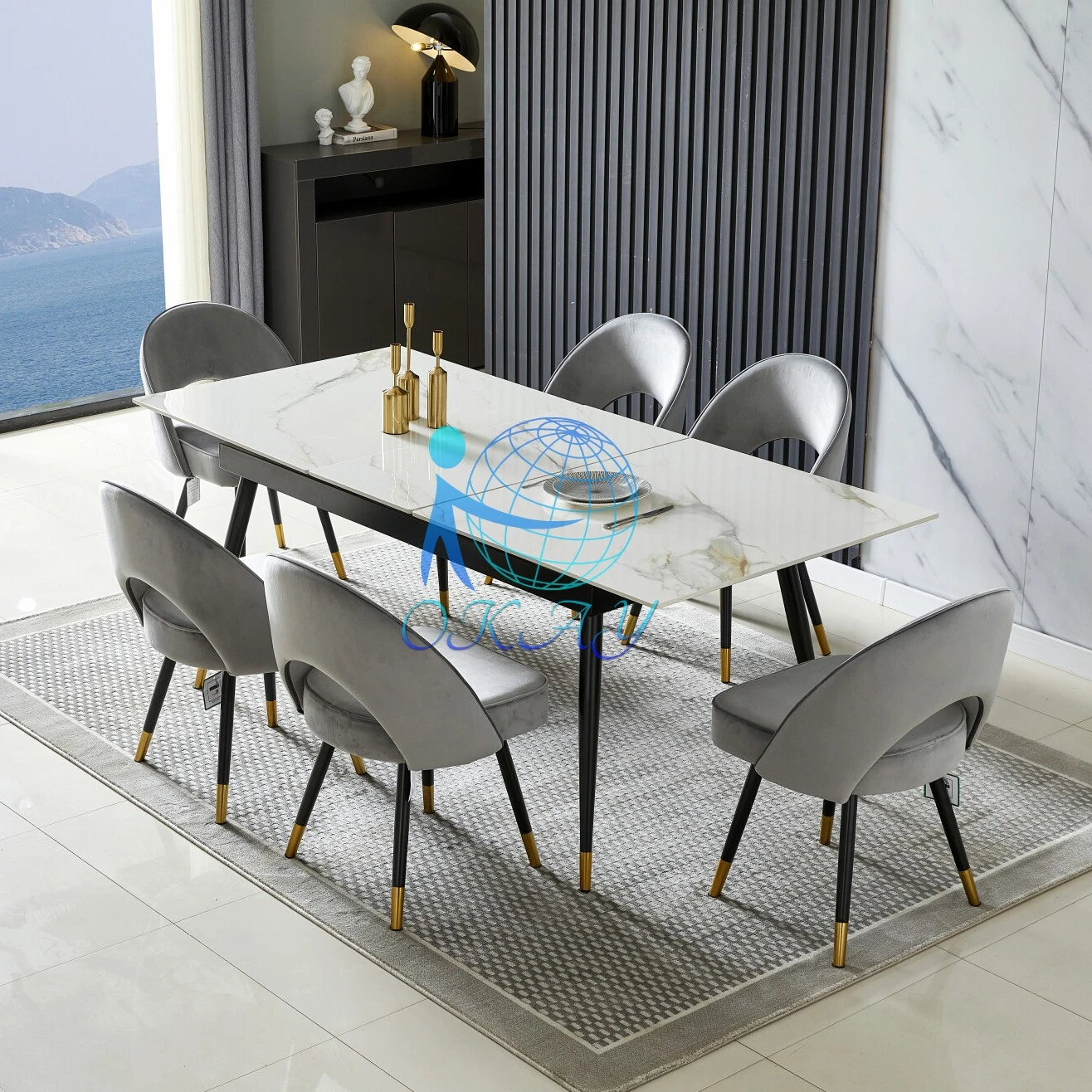2022 OK meilleur vendeur High Gloss Italia table à manger en céramique Avec les pieds métalliques, soulever le dessus central