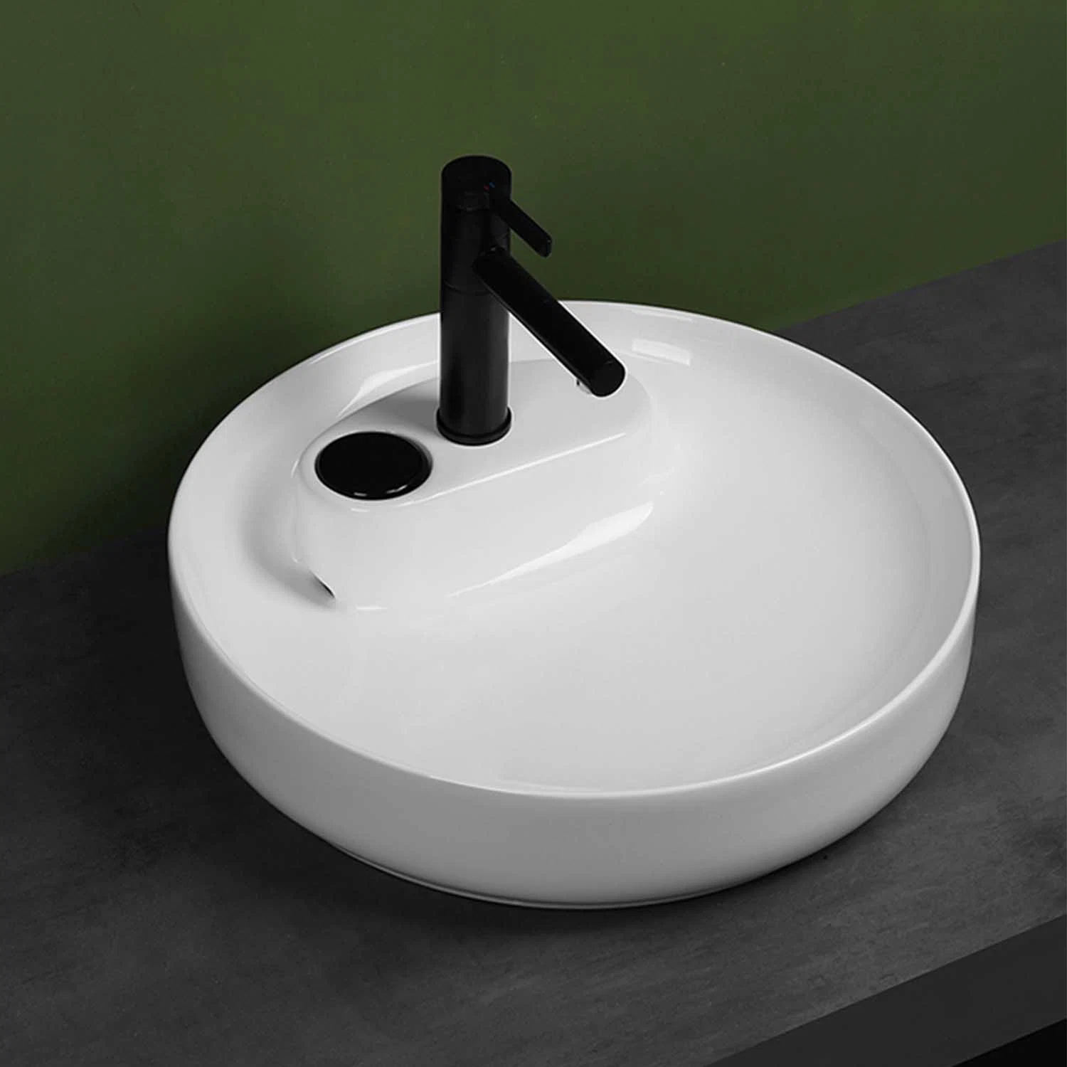 Glassy White Round Vitreous China Ceramic Thin Rim Vanity Above Counter Bathroom Handmade Cabinet Art Wash Basin with Levitated Side Drain