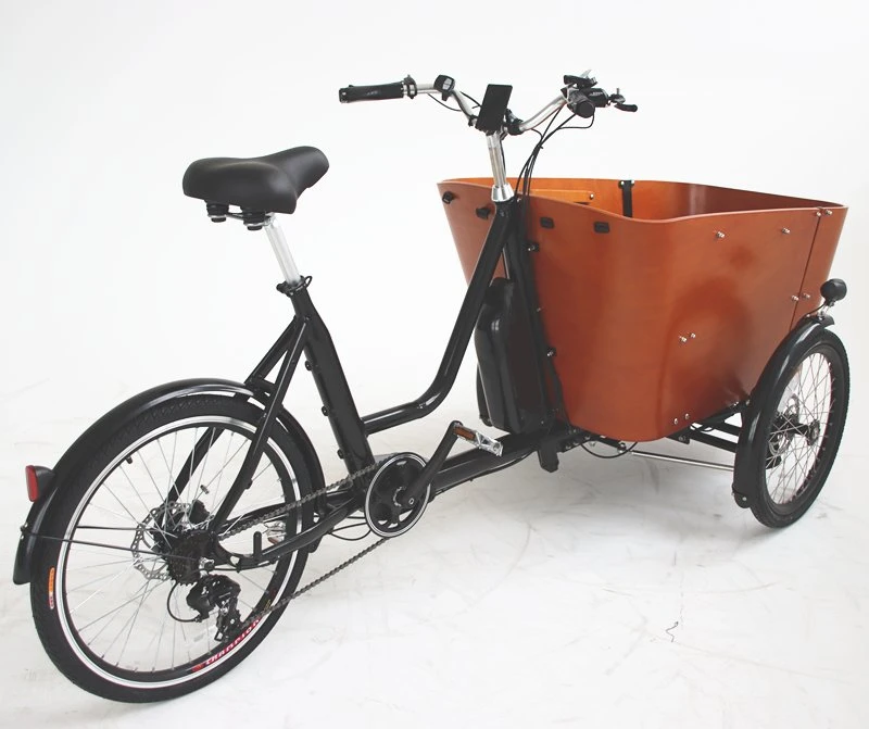 Boîte en bois Vélo électrique à chargement frontal à balancier pour transporter des enfants, des animaux domestiques et des marchandises.