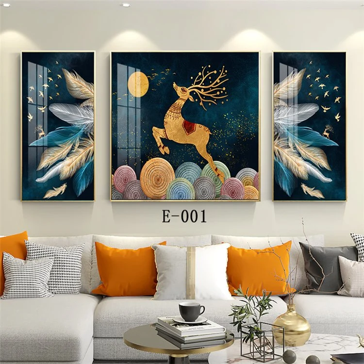 Living Room Decorative Painting Modern Hanging Painting Sofa Background Wall Elk Bedroom Nordic Crystal Porcelain Triptych Light Luxury Painting Background Pain