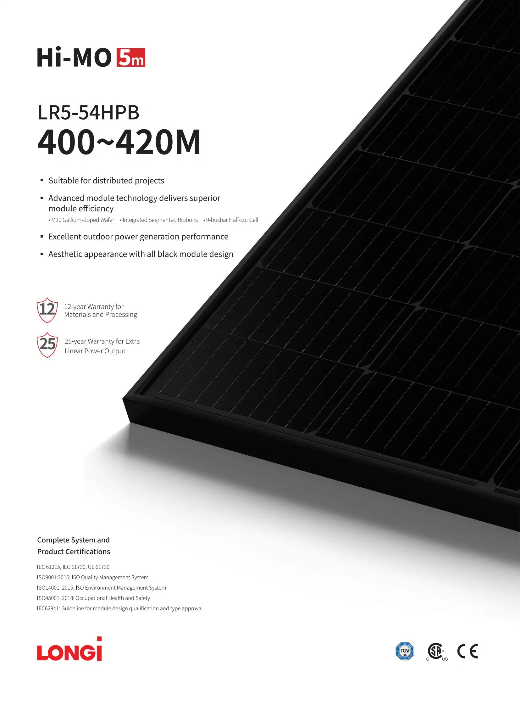 Preço de fábrica painéis solares Jinko/Ja/Trina/Dmegc/Longi A Grade Full Black 400W/405W/410W Para casa com 25 anos de garantia