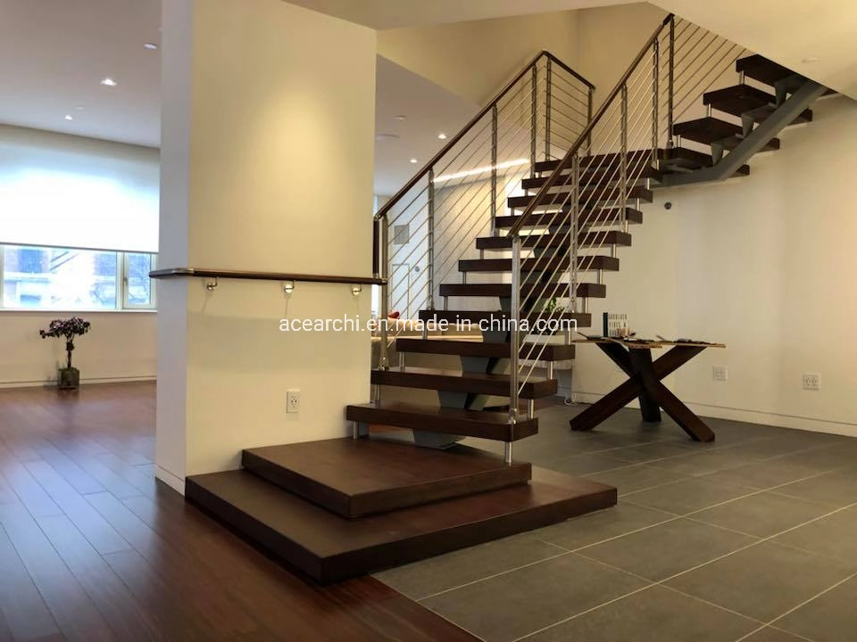 Modern Steel Straight U-Shaped Stair Solid Wood Tread Glass Balustrade Design for Villa