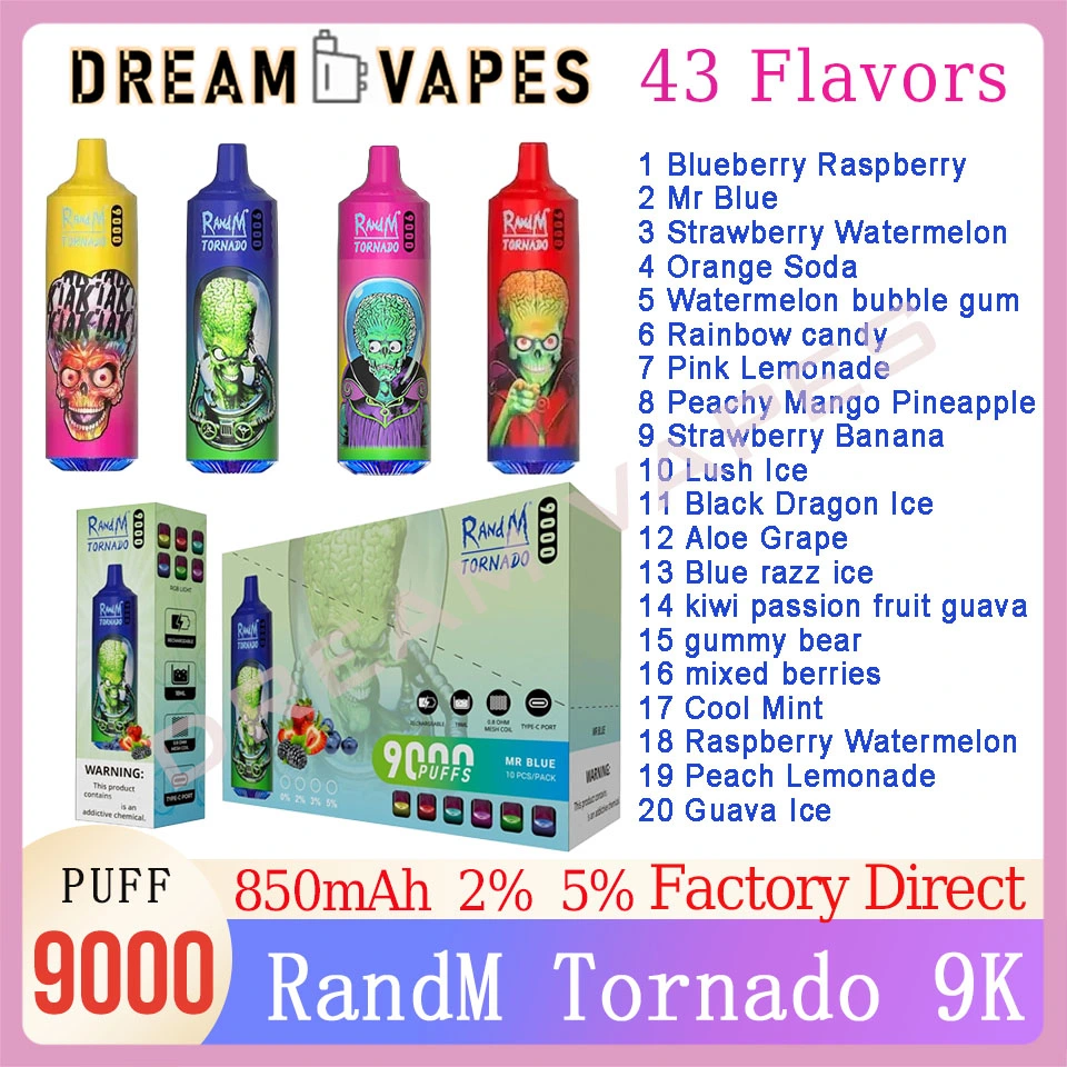 2023 Hot Selling 53 Classical Flavors with 18ml E-Liquid & Type-C Rechargeable Fancy Flashing LED Lights Disposable Ecig Randm Tornado 9000 Puffs