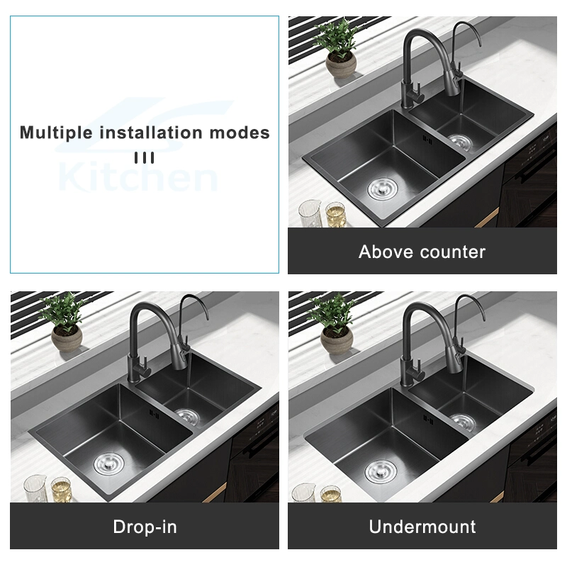 Fashion Topmount 304 Stainless Steel Handmade Black Double Bowl Kitchen Sink