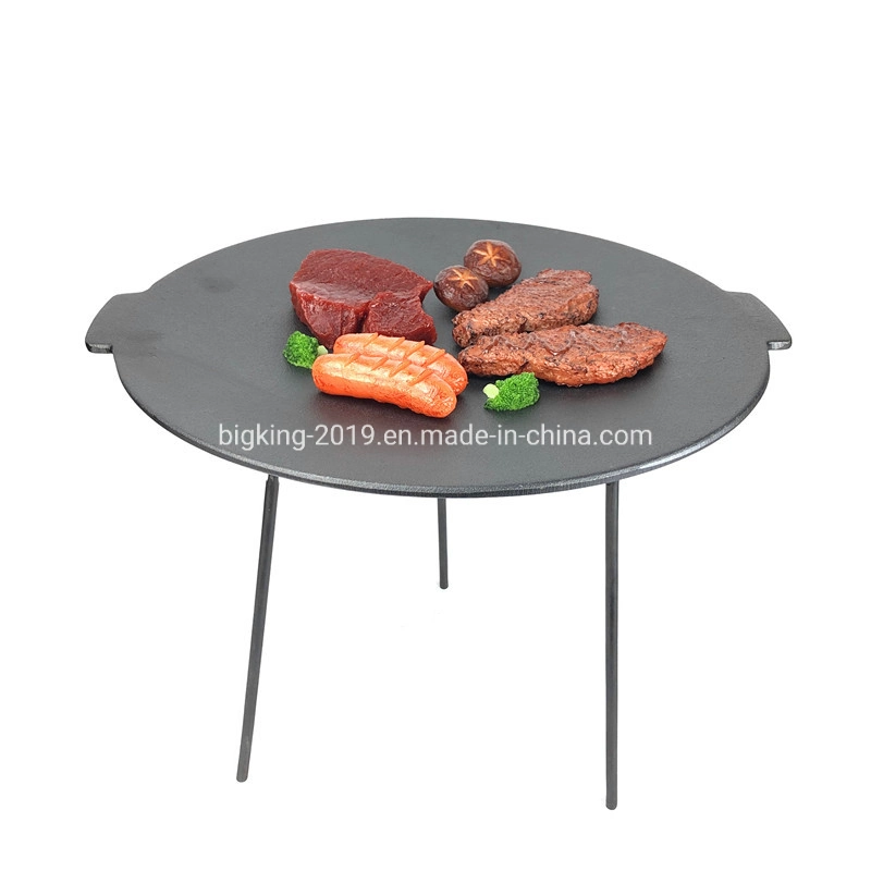 Grille en fonte préassaisonnée sans manche amovible et ronde de haute qualité Assiette pour barbecue avec 3 pattes