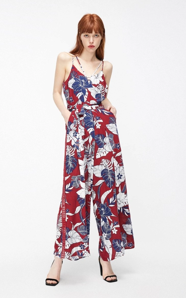 Loose Casual Floral Printed Fashion Slip Jumpsuit Contrast Cotton Lace