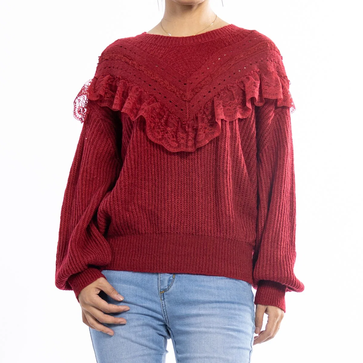 Custom Round Neck Red Gardigan Knit Ribbed Hem Floral Lace Women Pullover Sweater