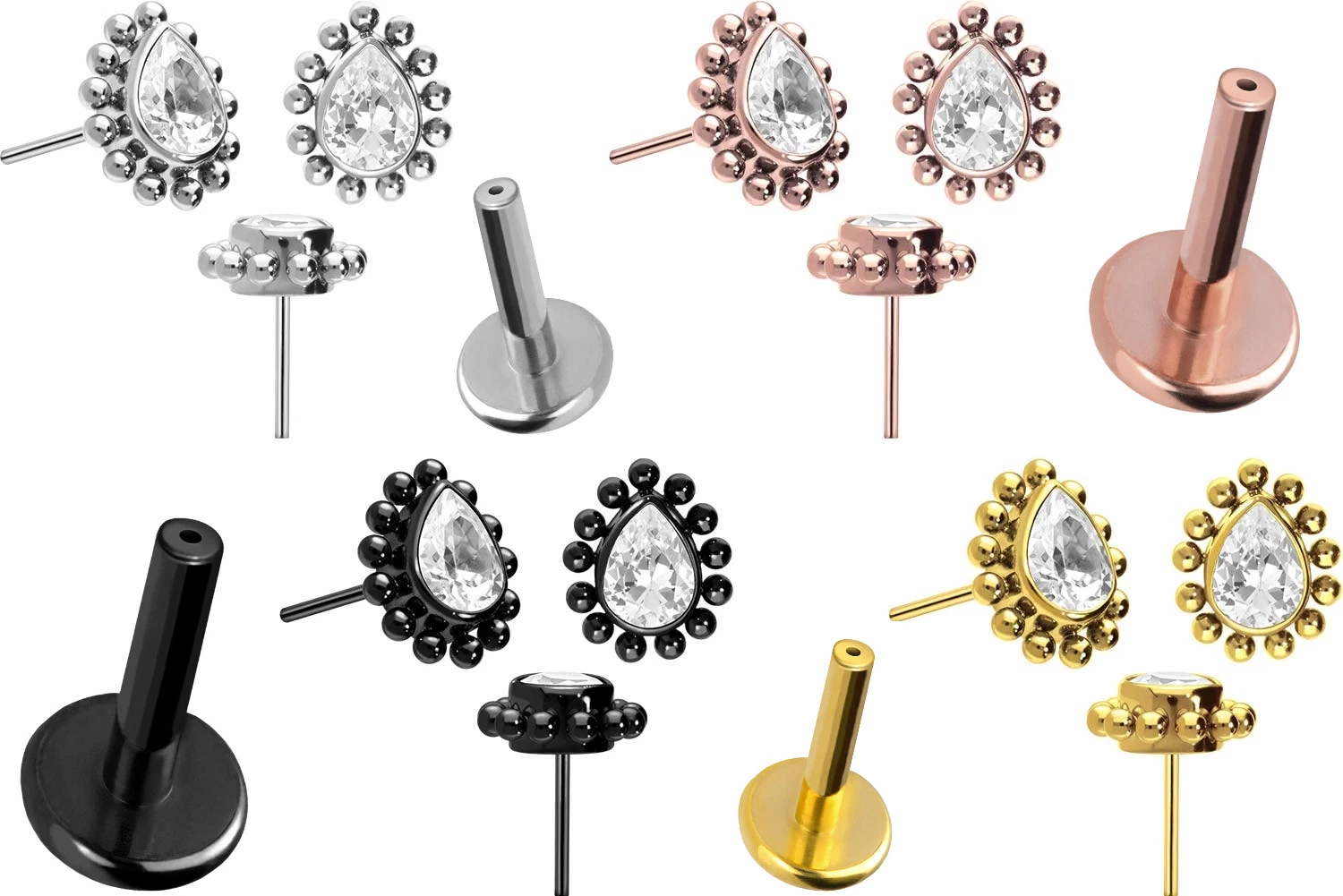 Titanium Fashion Jóias Threadless Plug PIN Crystal drop e bolas Para perfuração de cabeça com rebordo para nariz