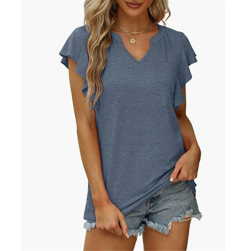 Женские рукава SS New Fashion Amazon Rubled V-Neck с коротким рукавом не накрывает Верхняя одежда для футболки