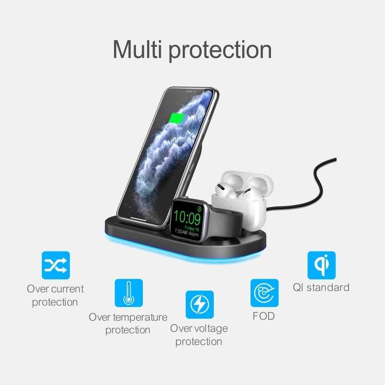 USB Qi 15W 10W Docking 3 en 1 Universal Wireless Estación de carga para Airpod Reloj de Iwatch Teléfono móvil Cargador de batería