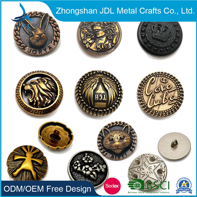 China Großhandel Hersteller Custom Messing Vergoldet Metall Geprägte Schaft Button Bekleidung Accessoires für Mantel Bekleidungsjacke