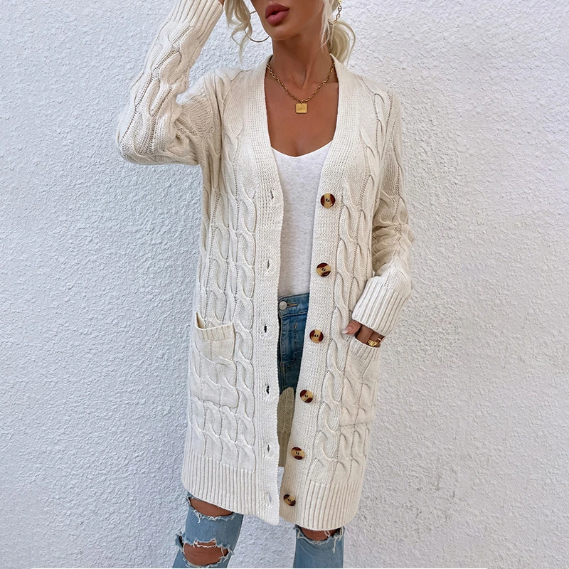 2023 Solid Cable Knit V Neck Button Through Women's MIDI Cardigan