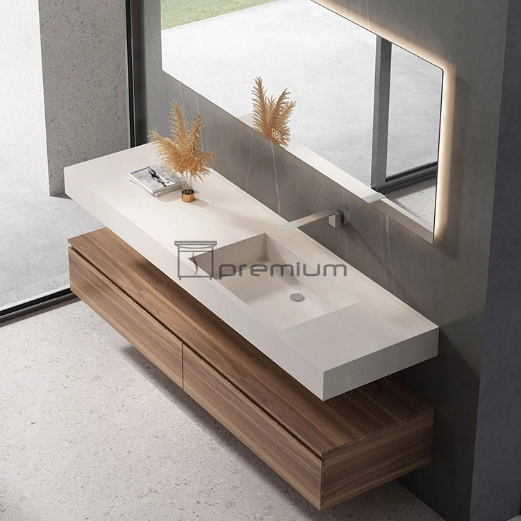 1400mm de ancho, diseño moderno de lujo con espejo retroiluminado LED, lavabo de piedra sinterizada, mueble de baño de madera montado en la pared