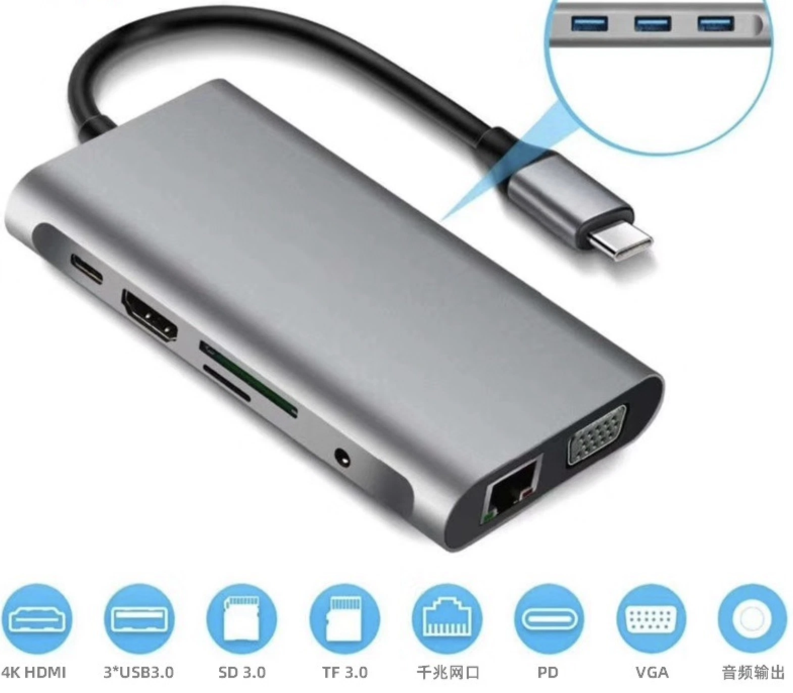 10in1 HD Pd SD/TF Audio RJ45 VGA 3*USB3,0 Typ-C Hub