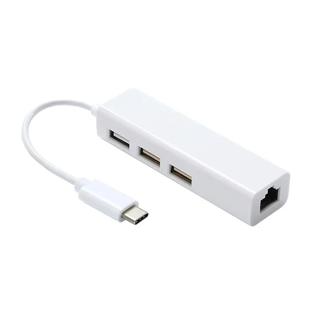 White USB C to 3 Pots USB 2.0 Hub with Ethernet