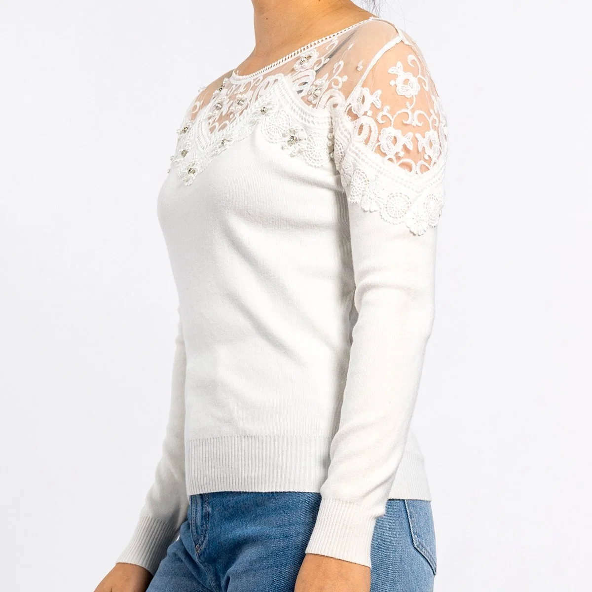 Women Round Neck Mesh Stitching Lace Hand Sewn Diamond Long Sleeve White Sweater Pullover