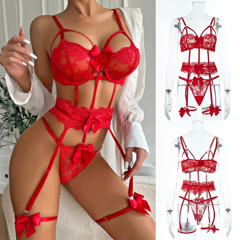 Erotic Women Lace Bow Thongs Bandage Hollow out Sexy Lingerie with Garters