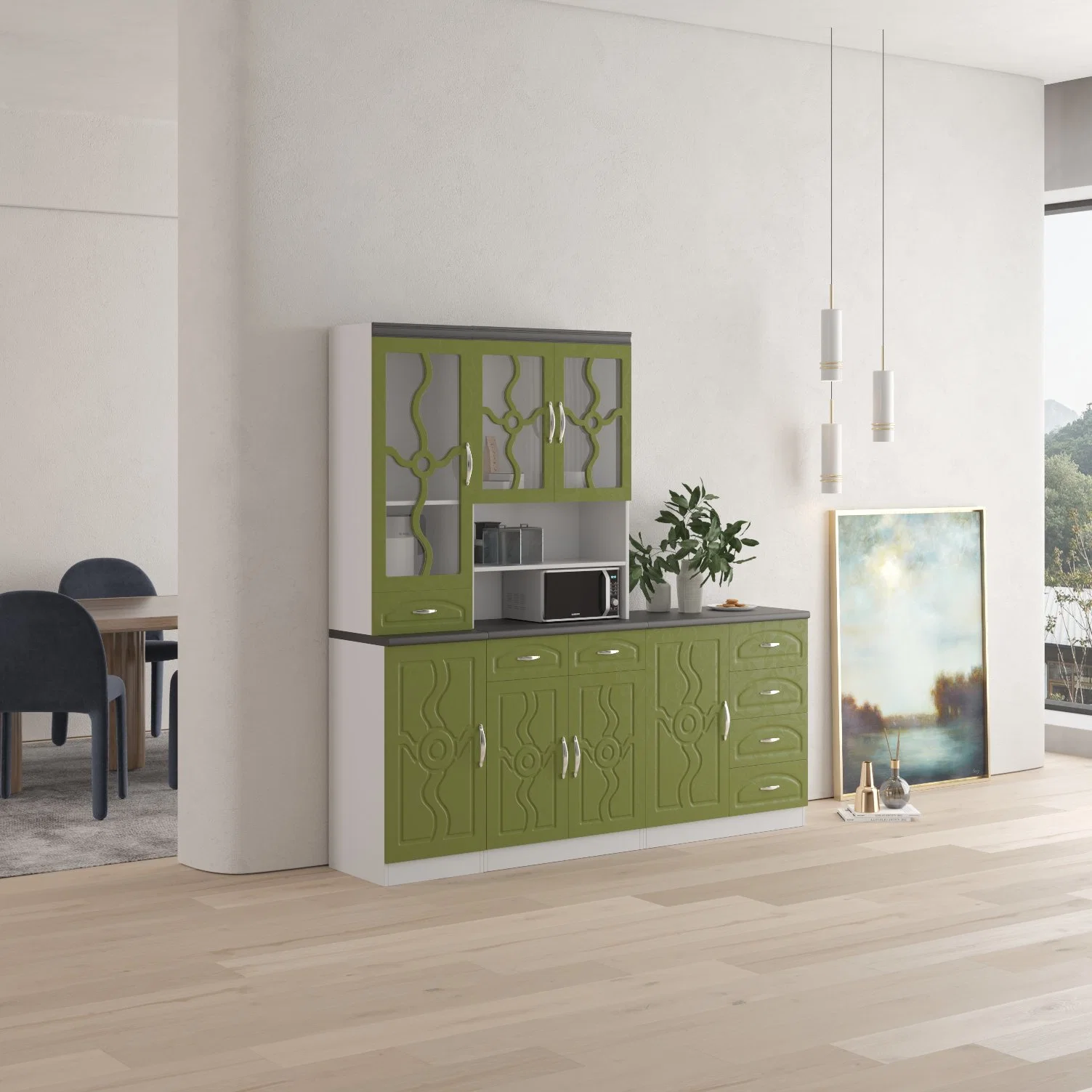 Precio al por mayor Verde estilo lineal Gabinetes de Cocina con cajón de almacenamiento MDF Living Room Furniture Display Cabinet Wall Kitchen Cabinet Foshan