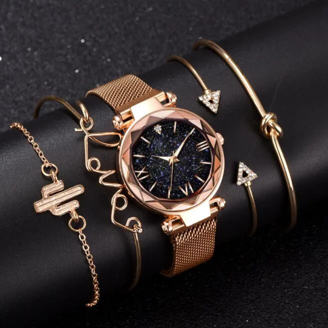 Luxury Women Watches 6PCS Set Elegant Female Wristwatches Magnetic Mesh Band Rose Woman Bangle Bracelet Watch Set