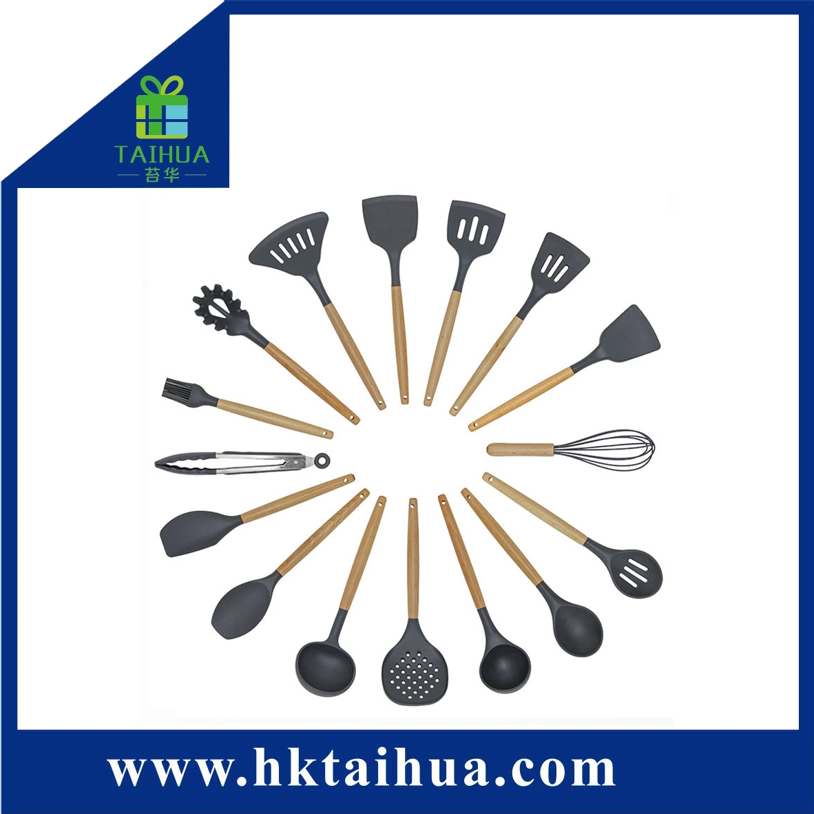 Hot Sale Wooden Handle Silicone Kitchenware 16 Pieces Set Cooking Tool