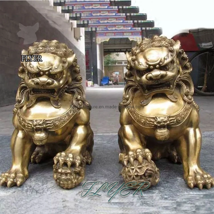 Large Wealth Porsperity Pair of Fu Foo Dogs Guardian Lion Statue Antique Bronze Chinese Lion Foo Dog Statue