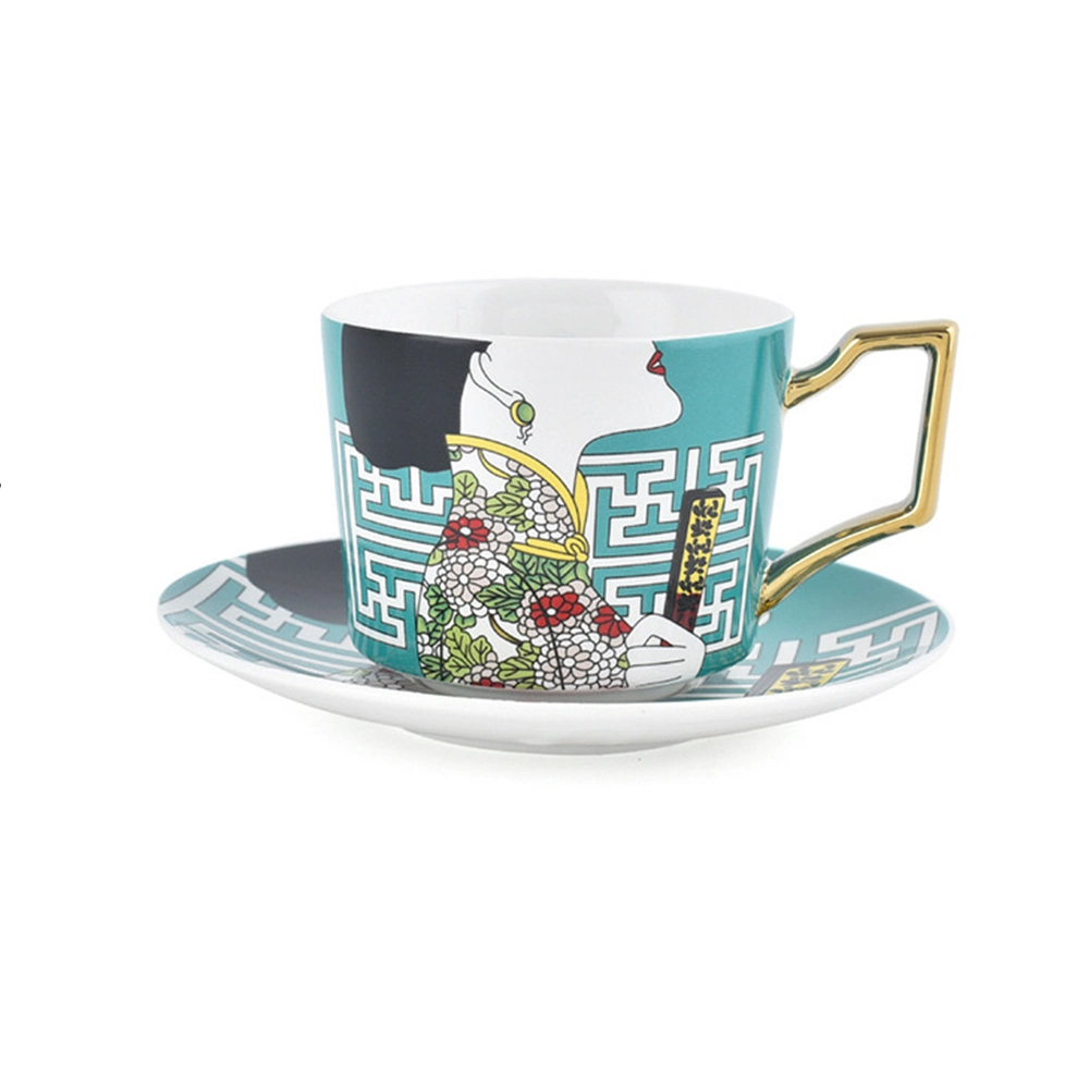 Schöne China gute Cyan Becher Blumen Cheongsam Mädchen Dame mit Floding Fan Kaffeetasse