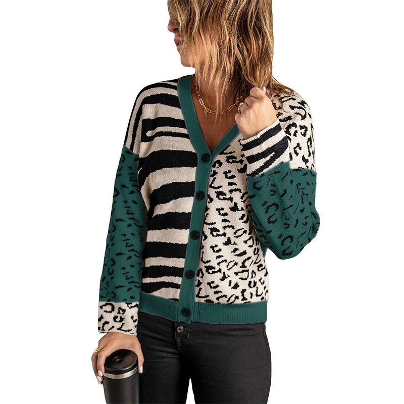 Sport Winter Contrabing Colors Leopard Print Women Coat Cárdigan suéter