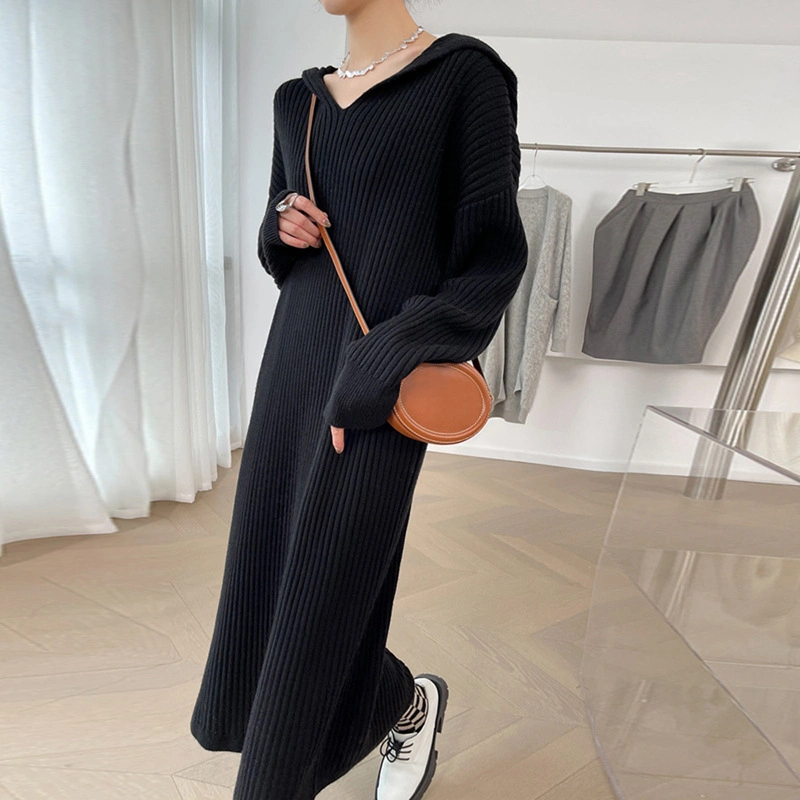 Korean Lazy Wind Hooded Dress Long Hoodie Over The Knee Knitted Long Skirt MID-Length Casual Sweater Bottoming Skirt