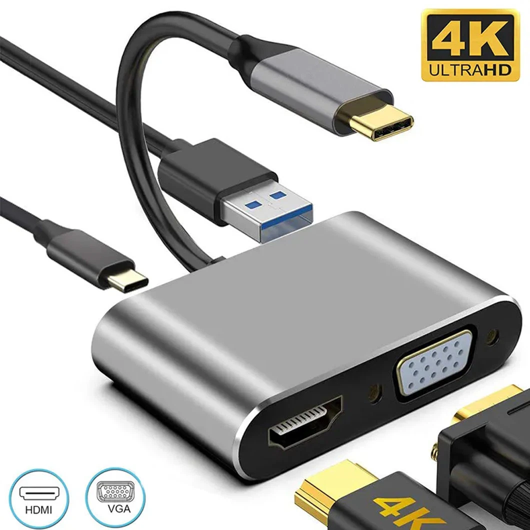 Adaptador HDMI+VGA+USB Ultra HD 4K tipo C a Hub PD 4 en 1