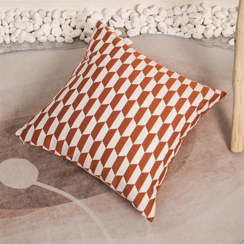 Hotel Bedding Modern High Precision Jacquard Woven Cotton Polyester Houndstooth Upholstered Terra Red Copper Geometric Figure Pillow Cushion