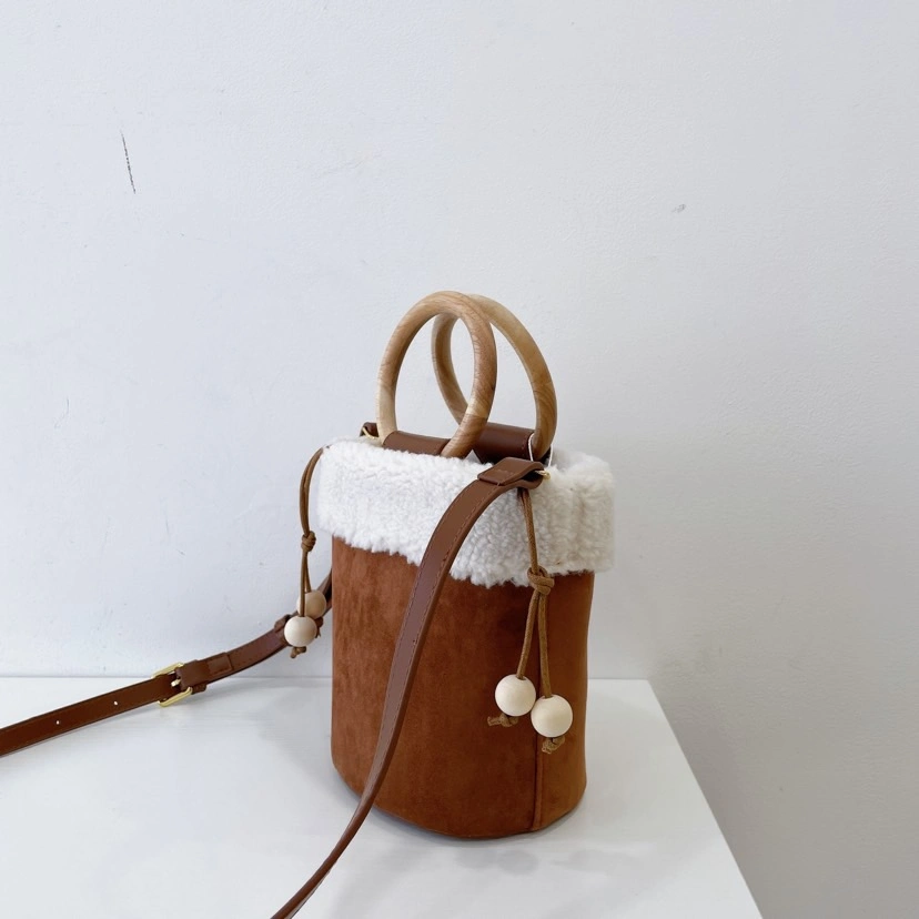 Designer Furry Stitched Small Cylinder Bag Lamb Bag