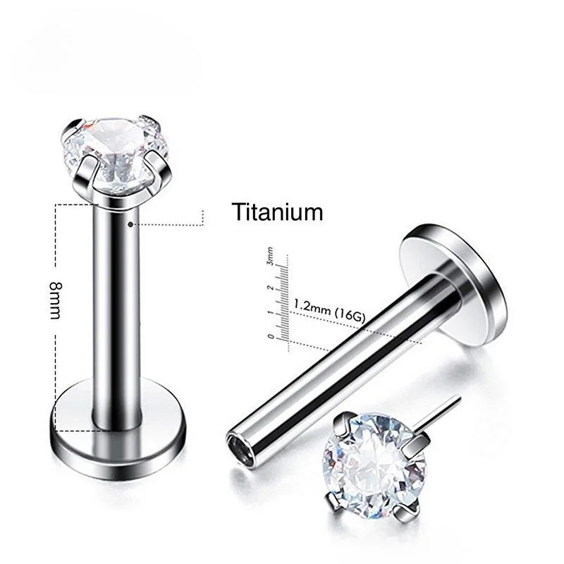 Fashion Classic Body Jewelry ASTM F136 Titanium Labret Threadless Push Fit Design 4 Prong Setting Moissanite CZ for Lip Ear Nose Piercing Jewelry