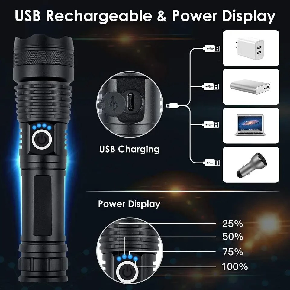 New Xhp70.2 High Lumen Flashlight USB Rechargeable Telescopic Zoomable Power Display LED Flashlights 5000 Lumen Hand Torch Light