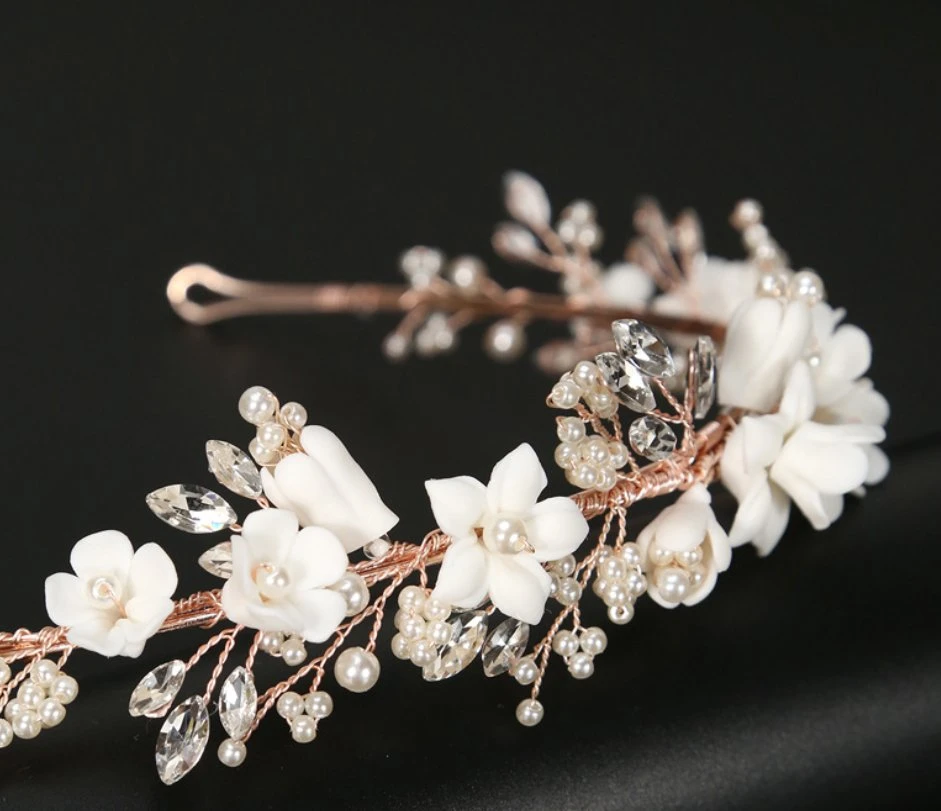 Bridal Wedding Clay Headband Tiara. Bridal Jewelry. Bridal Wedding Crystal Pearl Hair Accessories. Bridal Headpiece