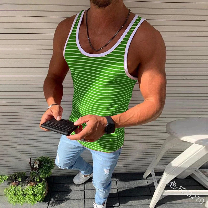 Fashion Striped Sports Men's Slim U-Neck Spring New Multi-Color Casual Top Vest Clothing