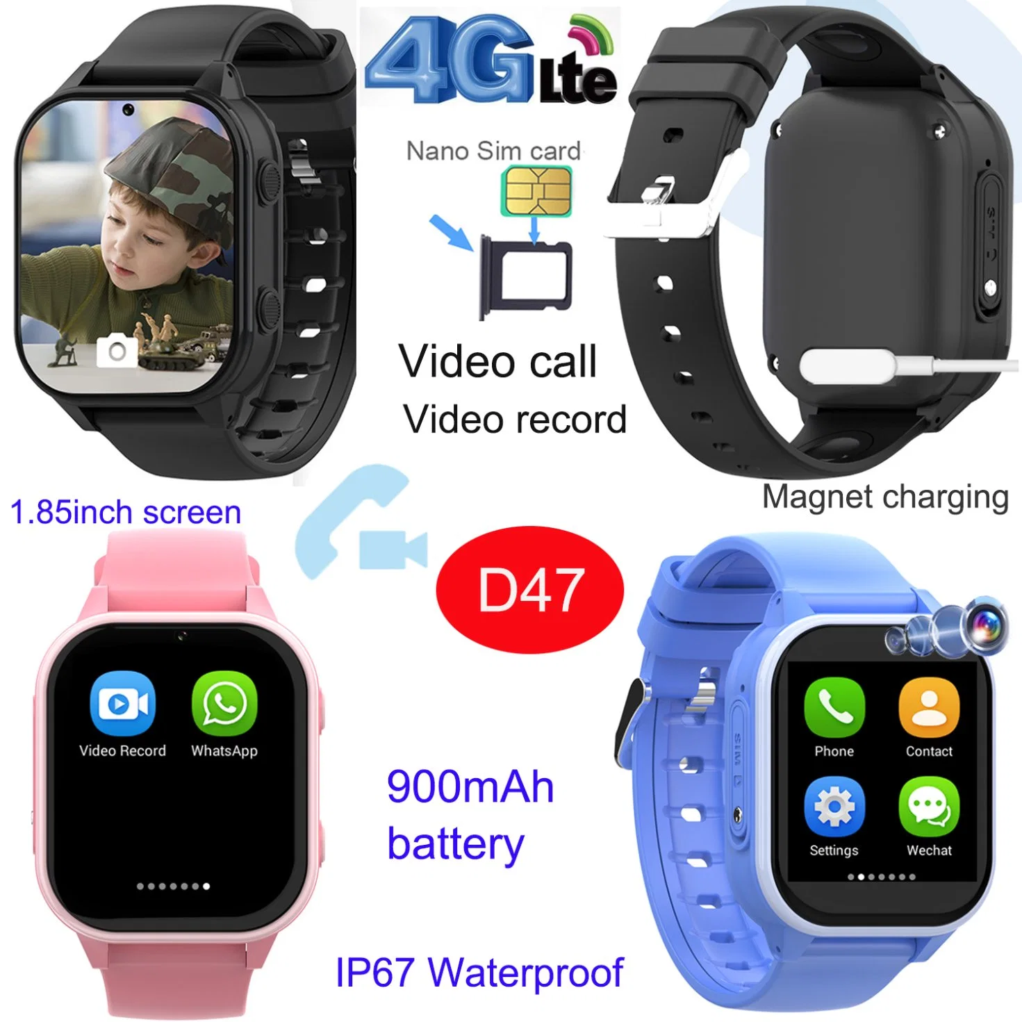 4G Long battery life waterproof wearable safeguard Christmas gift video call SOS Smart Watch GPS Tracker with safety zone setup D47