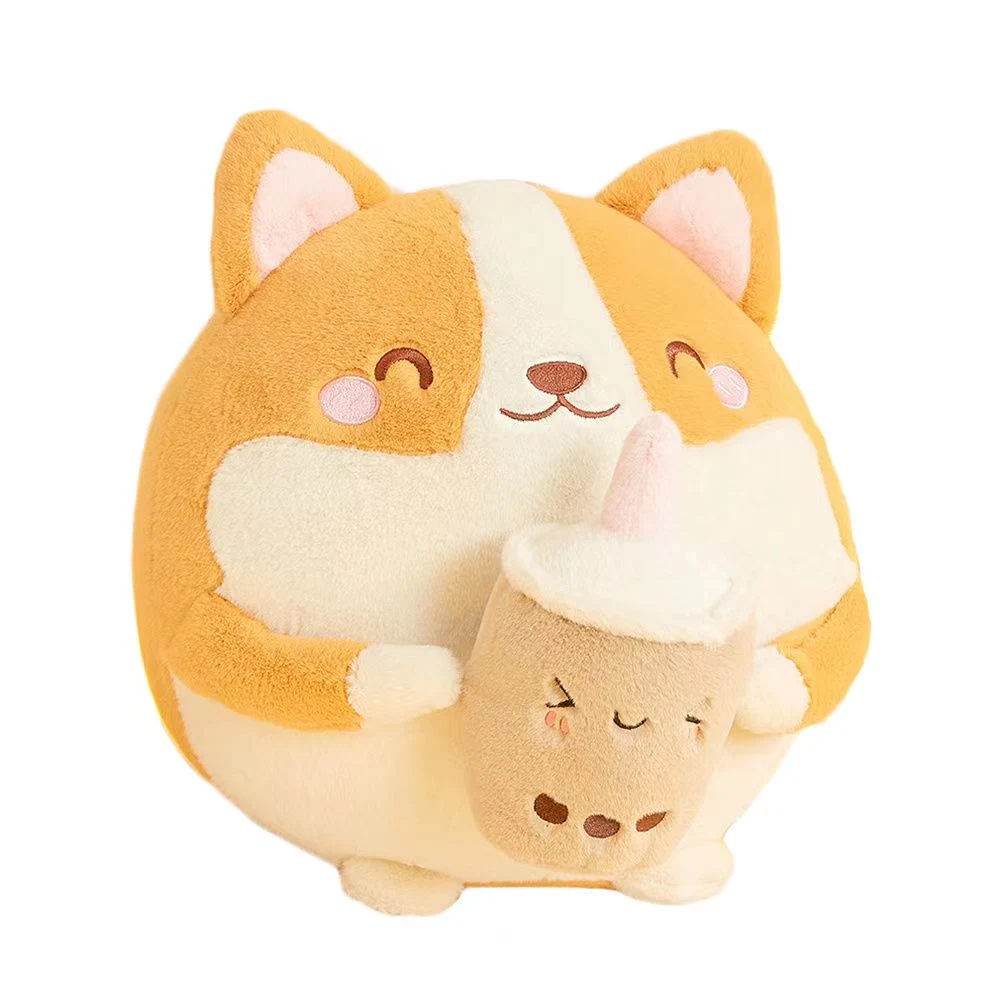 Round Ball Milk Tea Corgi Doll Cute Corgi Puppy Plush Toy Throw Pillow Children Comfort Doll Furniture Decoration